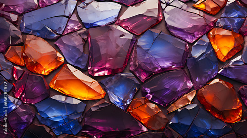 Abstract background of amethyst gemstone.Test is a variety of quartz with a violet, magenta or purplish-violet color. A gemstone covered with gold dust. Purple gemstone pattern. Generative AI © Katarzyna
