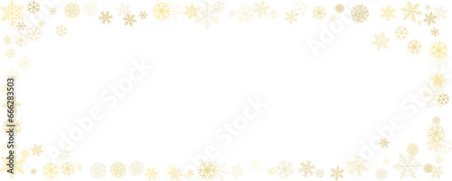 Christmas snowflakes corner background. Winter gold snow frame minimal decoration, greeting card. Noel subtle backdrop. Vector illustration