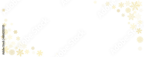 Christmas snowflakes corner background. Winter gold snow frame minimal decoration, greeting card. Noel subtle backdrop. Vector illustration