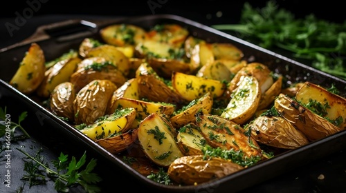 A platter of buttery, herb-infused roasted potatoes 