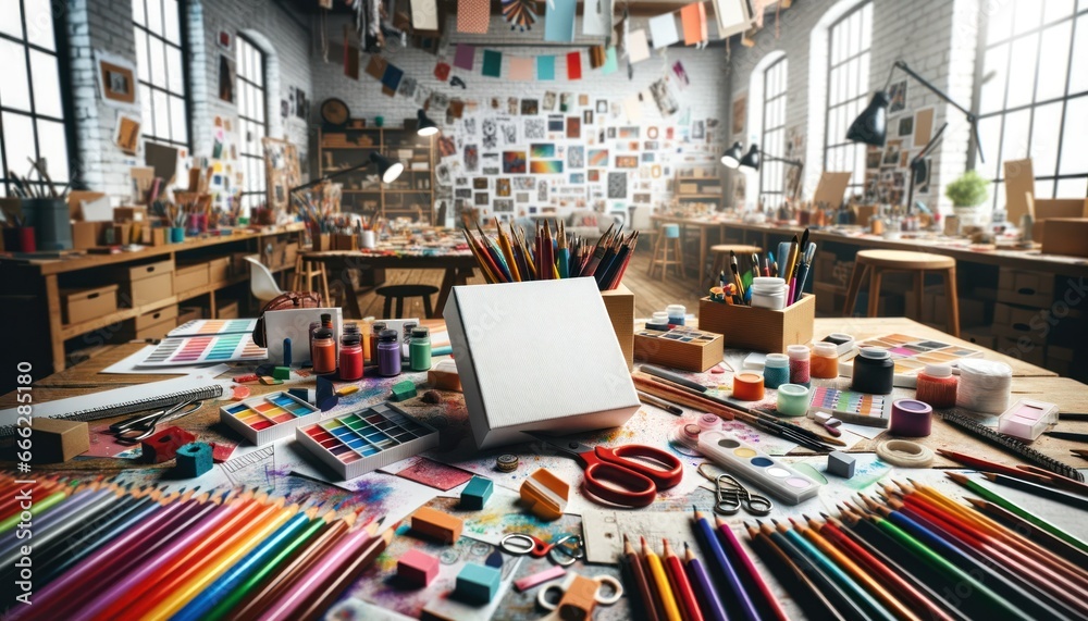 Obraz premium Wide photo of blank colorful stationery packaging prominently displayed in the foreground, showcasing a vibrant color burst palette.