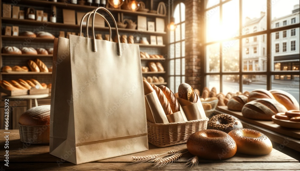 Morning sun hits a bakery shop, empty kraft shopping bag in the foreground