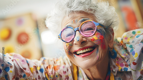 A contented elderly patient, engaged in a creative art therapy session, finding joy in self-expression. Close-up face of an elderly Woman, Art therapy studio with therapeutic benefits