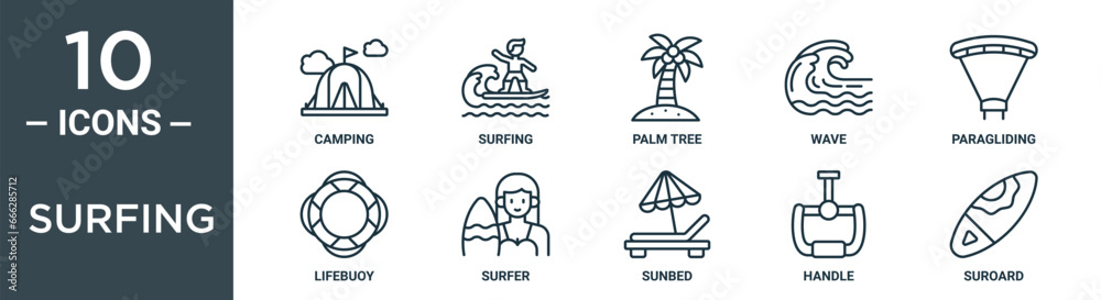 surfing outline icon set includes thin line camping, surfing, palm tree ...
