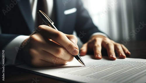 Close-up photo of a businessman's hand, poised to strike a deal, placing a signature on a crucial business contract. photo