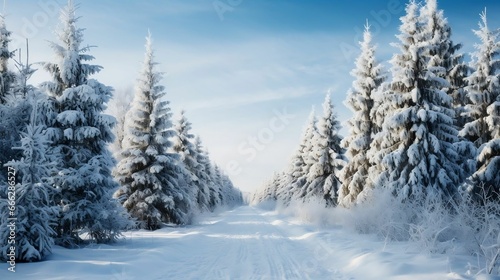 Pine trees bearing the weight of soft, fluffy snow  © Halim Karya Art
