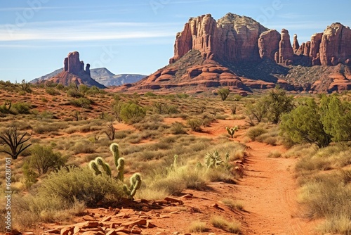 Red western valley landscape with low vegetation, cacti, a path, and sandstone buttes. Generative AI