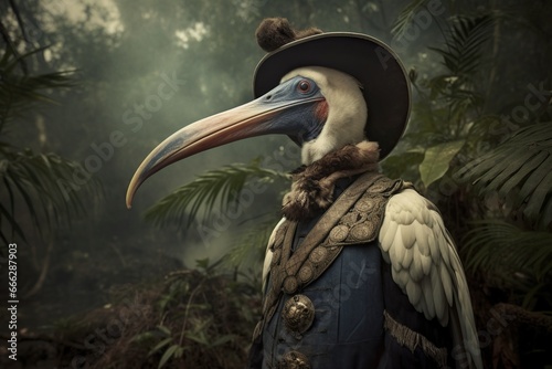 a cute pelican dressed as a conquistador photo