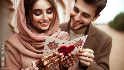 A close-up shot capturing the moment a Middle Eastern woman, with ornate henna designs on her hands, presents a handmade Valentine's Day card
