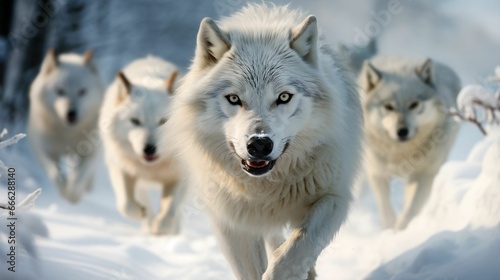 A pack of wolves navigating a snowy, wild terrain 