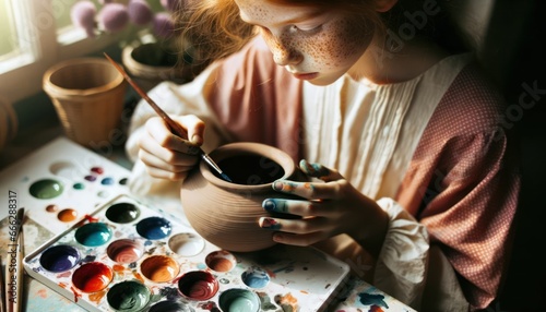 close-up of a young girl with freckles, of European descent, concentrating as she delicately paints a ceramic pot. photo