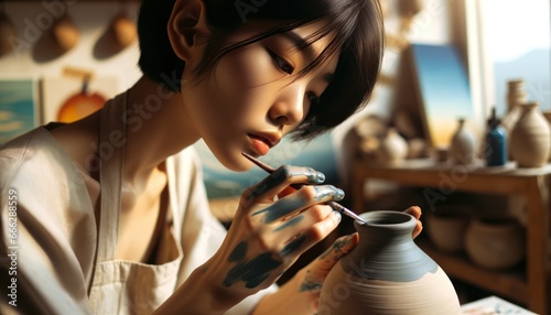 Close-up photo of a young Asian woman with short black hair  intensely focusing on painting a ceramic vase.