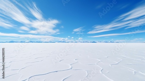 A pristine white landscape under a clear blue sky 