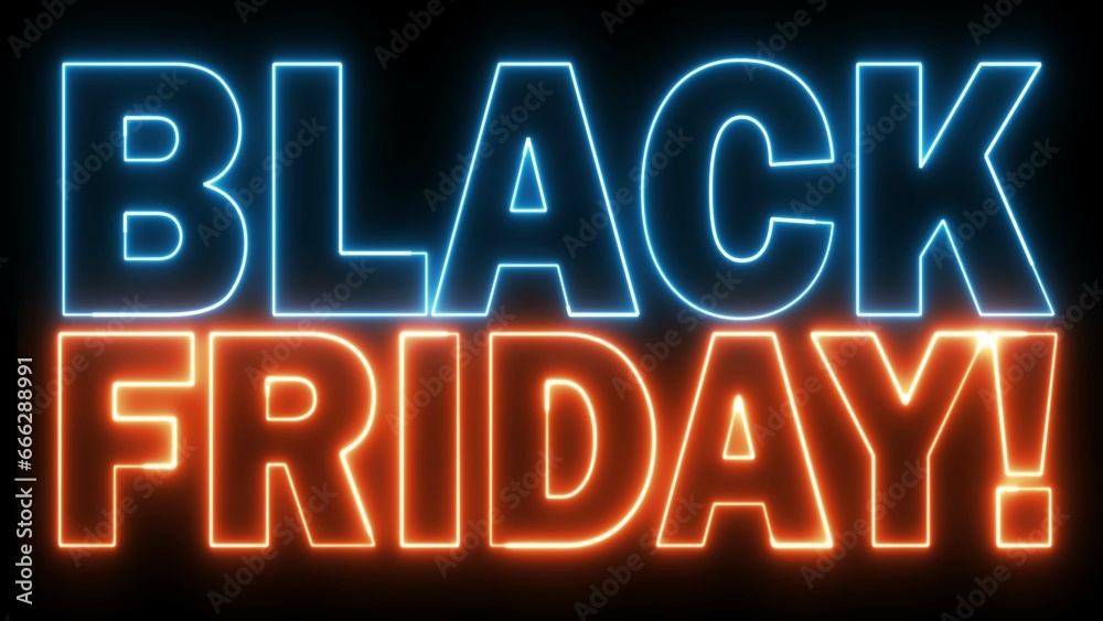 Black Friday text font with neon light. Luminous and shimmering haze inside the letters of the text Black Friday. 