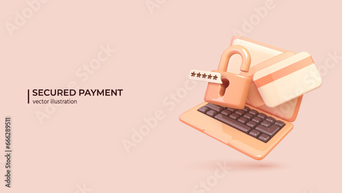 Safety Payments - 3D Concept. Realistic 3d design of Laptop with Credit Cards and Padlock. 3D Vector illustration in cartoon minimal style.