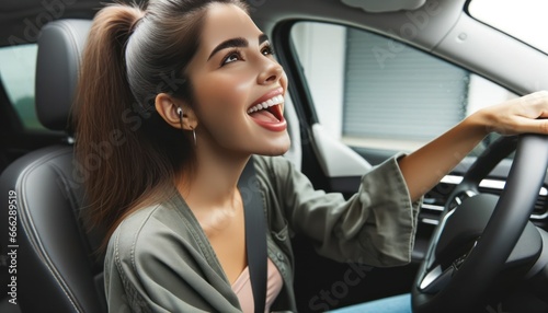 Close-up of a young Hispanic woman with brown hair tied in a ponytail, singing along to a song on the car radio © Mustafa