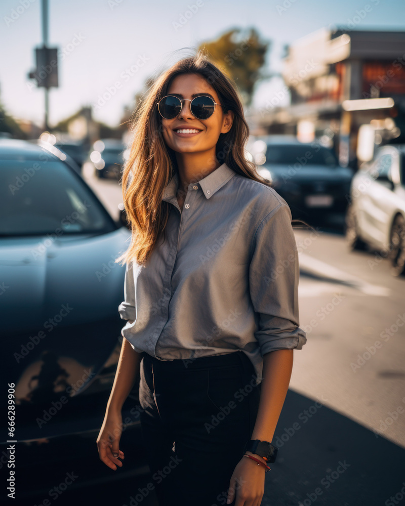 Obraz premium Woman posing in front of her electric vehicle