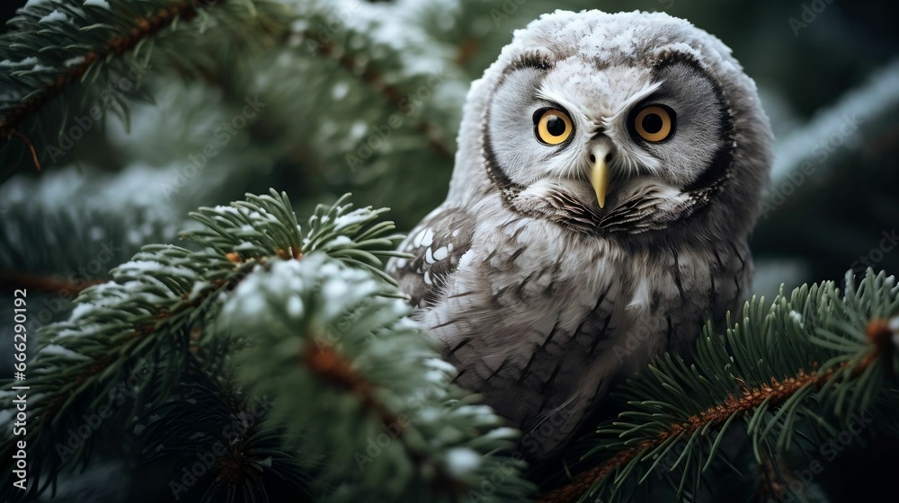 Fototapeta premium A vigilant owl perched in a frosted evergreen 