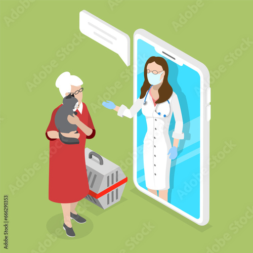 3D Isometric Flat Vector Illustration of Online Vet Consultation , Telehealth for Animals