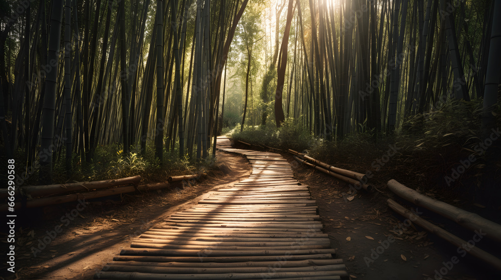Walking through a serene bamboo forest on a bamboo path. The lush green stalks stand tall. Sunlight gently filter through and create intriguing shadows. Created using Generative AI technology