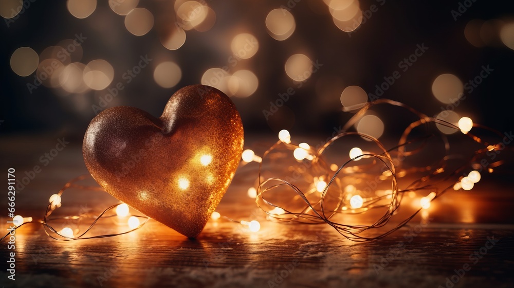 Happy New Year message with a white heart with heart shaped lights. Merry Christmas bokeh effect background, happy new year. Happy new year and happy winter holidays concept
