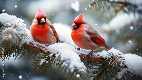 Red cardinals perched on snow-covered evergreen branches 