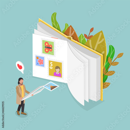 3D Isometric Flat Vector Illustration of Collecting Postal Stamps, Philately Hobby