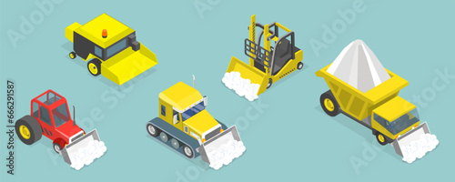 3D Isometric Flat Vector Set of Different Snowplows, Snow Removal Vehicles