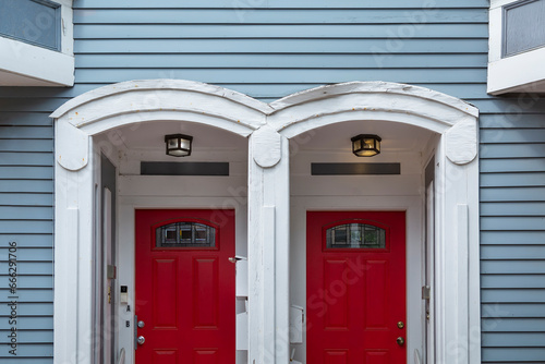 Duplex houses front doors, Boston, USA