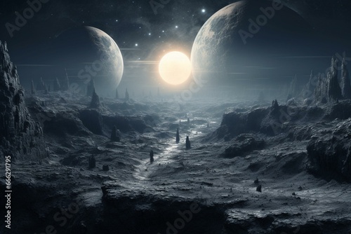 Surreal lunar landscape with moonlight white and space black shades, depicting celestial bodies and lunar visuals in an otherworldly digital form. Generative AI
