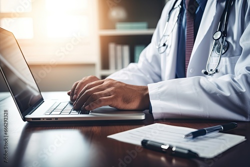 In a doctor's office, a close-up of a male doctor diligently working and typing on his laptop, while a stethoscope and digital tablet sit on the table nearby. 