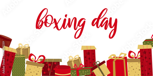 Boxing Day. Horizontal banner. Color Holiday Boxes. Lots of colored gift boxes on a white background. Design greeting cards. Party, Christmas, birthday. Vector illustration.