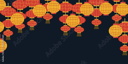Background of Chinese lanterns. Yellow and red lanterns on a dark sky background. Chinese New Year. Design website, banner, poster. Color vector illustration.