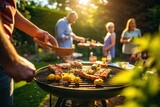 A photograph capturing a family and their friends gathered in a garden for a picnic barbecue, relishing their time, enjoying a sunny summer day. The background is gently blurred.