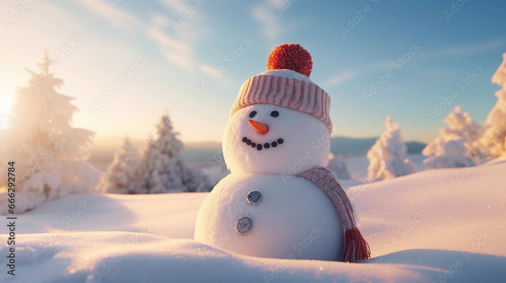 Fototapeta premium Snowman with cap and scarf