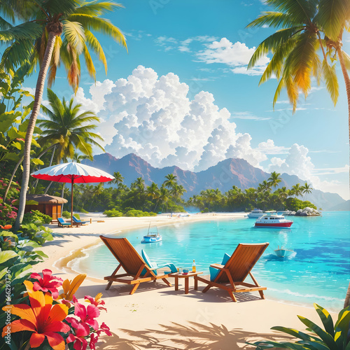 tropical paradise beach with palm trees and sea 