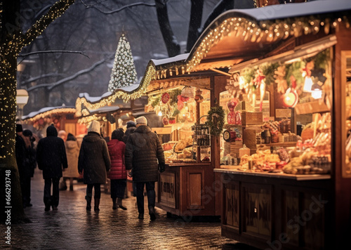 Illuminated Christmas night market with people walking on the street. christmas shopping