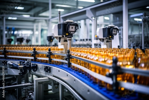 Automated production line with modern equipment in beverage plant. Generative AI