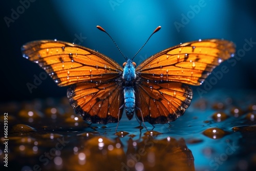 Close-up view of a butterfly with water droplets on wings. Generative AI