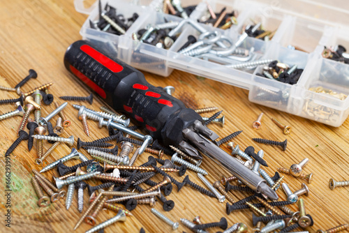 Different fasteners and crosstip screwdriver on wooden surface. Home repair concept photo