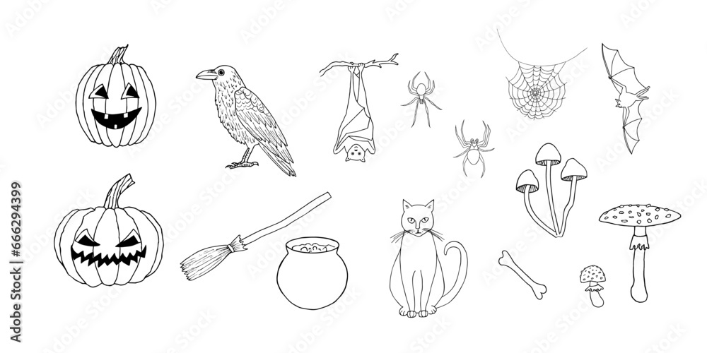 A set of hand-drawn cartoon Halloween elements and characters. Outline drawing. Vector illustration. For coloring, cards, printing, packaging, invitations, business cards, advertising