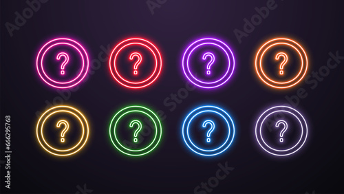 A set of neon question mark icons in a frame in different colors on a dark background.