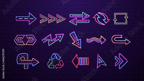 A set of neon icons of different arrows for the casino in the colors blue, orange, yellow, red, purple, green on a brick wall background.