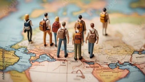 ミニチュアの人々。世界地図の上で旅行する姿。旅行と休暇のコンセプト｜miniature people. Traveling on a world map. Travel and vacation concept. Generative AI photo