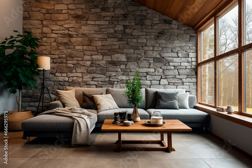 Modern living room with corner sofa by window and stone cladding walls in a farmhouse-style interior design. © Uliana