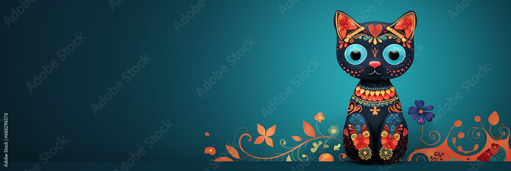 Cute Mexican day of the dead cat in the form of a skull on a light background