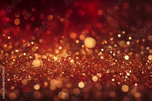 Shimmering, sparkling, vibrant. Abstract background with red and golden glittering dust particles and bokeh effect. Generative AI