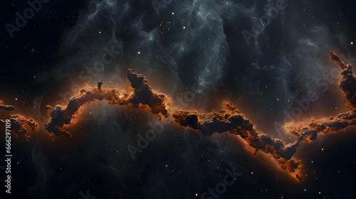 Outer space filled with orange and black gas structures