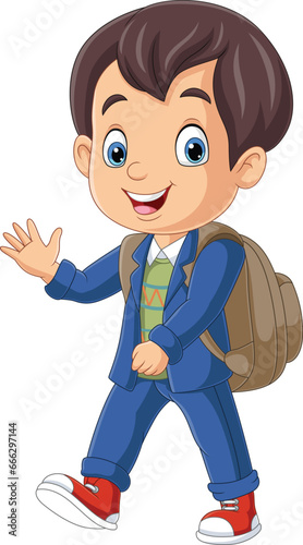 Cartoon school boy with backpack waving hand