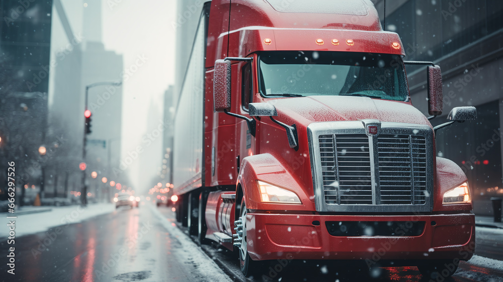 Winter Wonderland: Retro Red Truck in Frosty snow city Setting - Generative Ai Winter Wonderland: Retro Red Truck in Frosty snow city Setting - Generative Ai